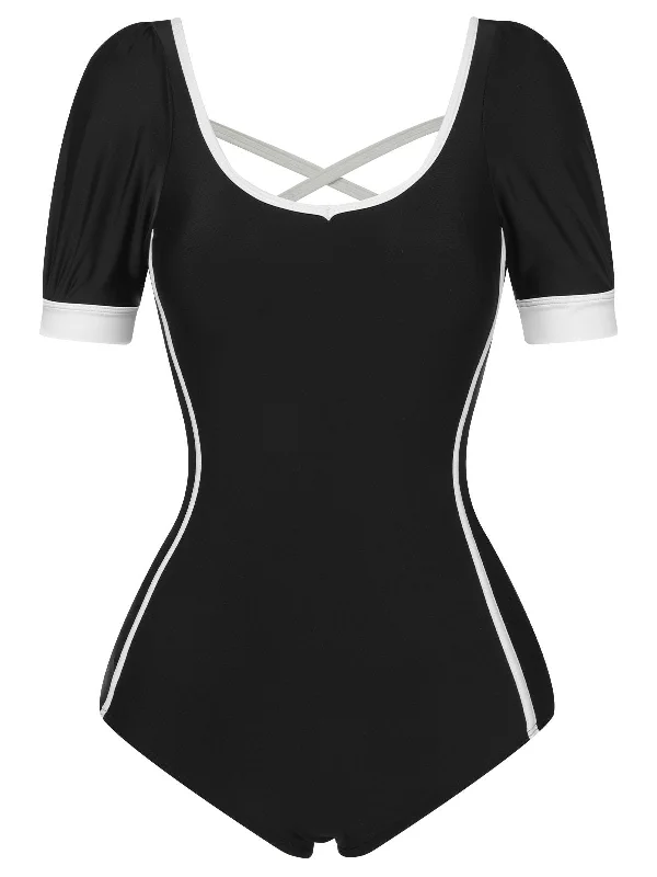 Black 1960s Puff Sleeves One-Piece Swimsuit