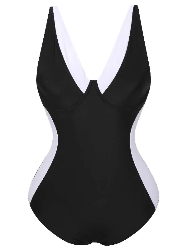 [Plus Size] Black 1930s Contrast One-Piece Swimsuit