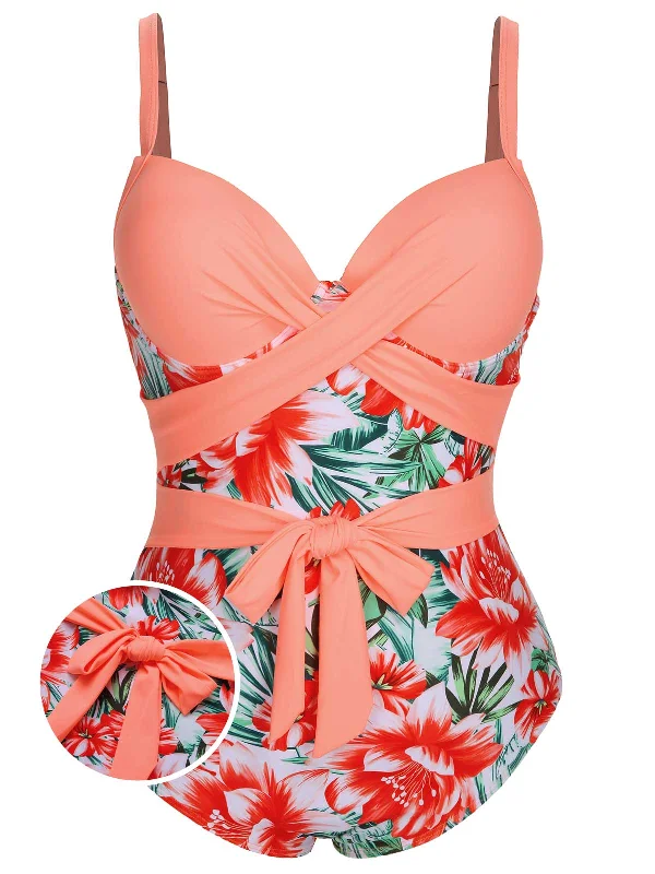 [Plus Size] 1940s Strap Flowers One-Piece Swimsuit