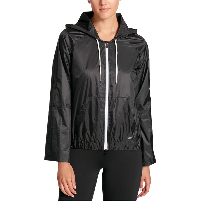 DKNY Womens Fabric Roll Cuff Windbreaker Jacket, Black, Medium