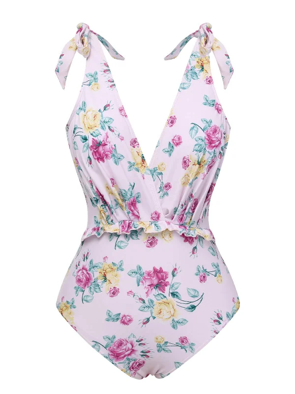 Lavender 1940s Floral Shoulder Tie Swimsuit