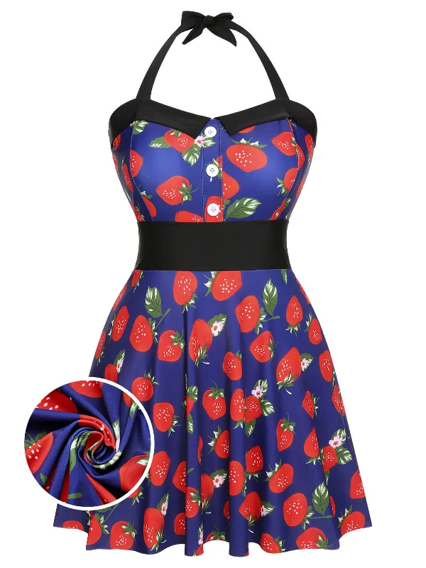 [Plus Size] Multicolor 1930s Colorblocked Strawberry Halter Swimsuit