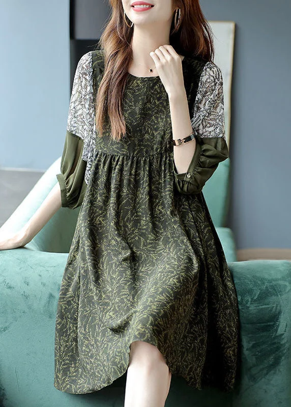 French Army Green O-Neck Patchwork Print Chiffon Vacation Dresses Half Sleeve