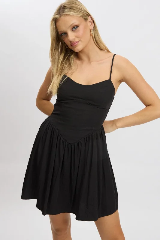 Black Fit And Flare Dress Drop Waist Mini