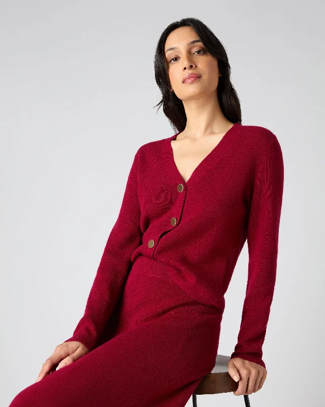 Women's Rib V Neck Cashmere Cardigan Opera Red