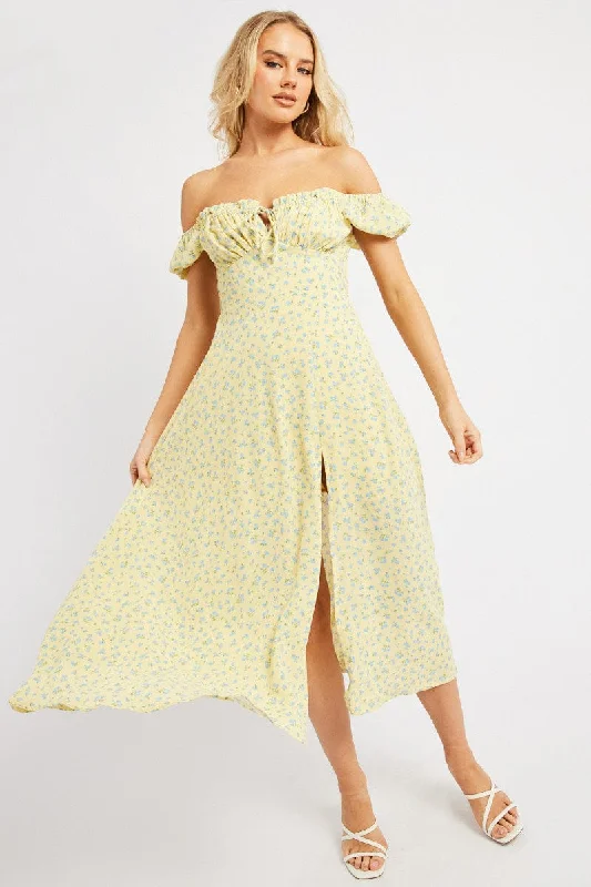 Yellow Ditsy Midi Dress Puff Sleeve