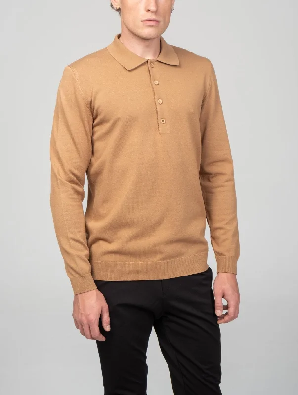 Four Button Down Polo Sweater  - Camel