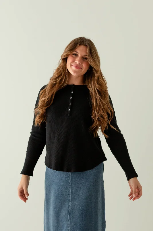 'Ari' Long Sleeve Waffle Knit Henley Top