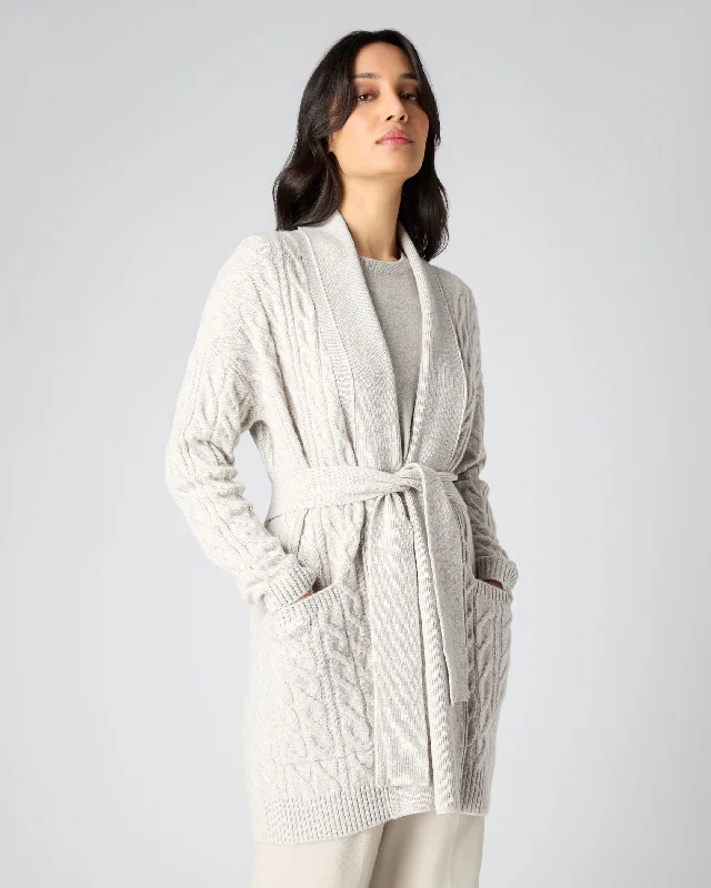 Women's Cable Belted Cashmere Cardigan Pebble Grey