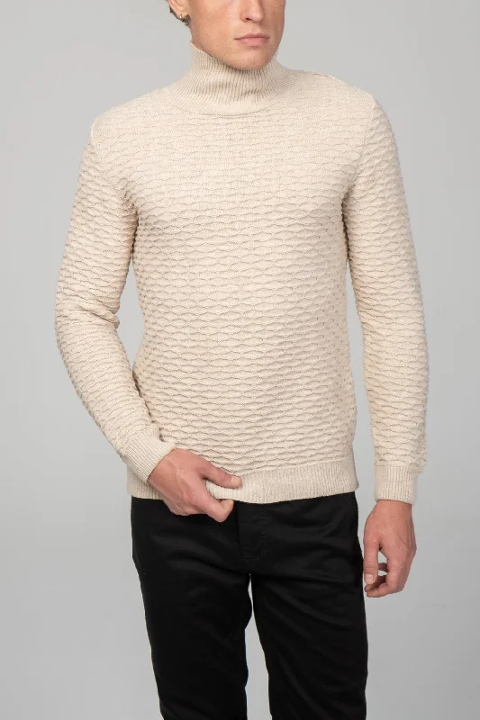 Neck Zipper Honeycomb Sweater - Beige